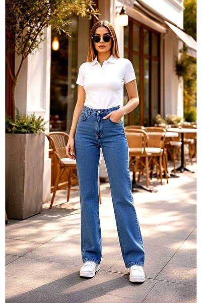 Trn JNS Clara Women's Medium Blue Lycra Colorfast Super High Waist Loose Jean...