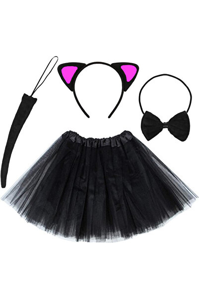 ZS DEMİR Cat Ear Crown Skirt Tail and Bow Tie Set of 4 Children Fuchsia