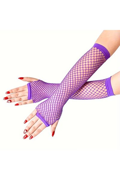 ZS DEMİR 80S 90S Retro Purple Fishnet Fingerless Gloves 26cm