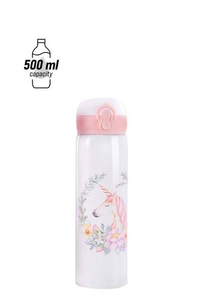 Generic Stainless Steel Printed Water Bottle White/Pink/Green 500ml