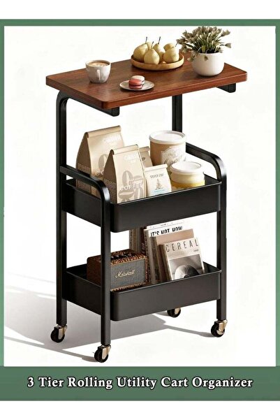 Generic Rolling Cart with Wooden Tabletop, 3 Tier Metal Utility Cart, Rolling...