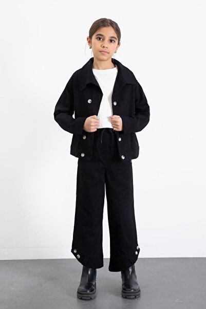 Cansın Mini Black Double Button Detailed Shirt and Trousers Girls Gabardine S...