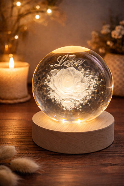 ORANGE CONCEPT Love Kristal Cam Küre Gül Modelli Led Işıklı Cam Küre