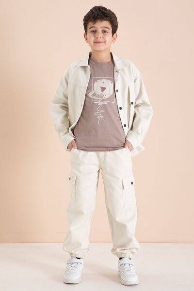 Cansın Mini Cream Cargo Pocket Jean Jacket and Trousers Boys' T-Shirt 3-Piece...