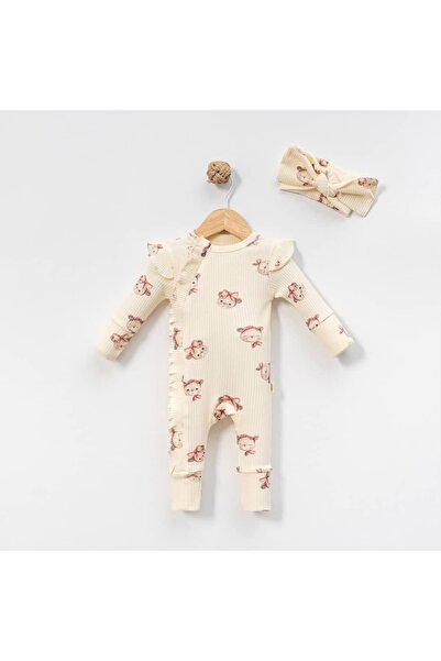 2'li Kız Bebek Ayıcık Desenli Fırfır Detaylı Tulum ve Bandana Set