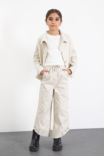 Cansın Mini Cream Double Button Detail Shirt and Trousers Girls Gabardine Sui...