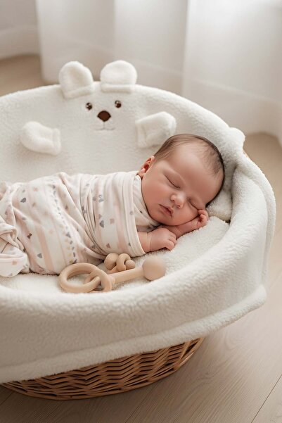 Rivaİstanbul بطانية أطفال من القطيفة مع شكل دمية دب أبيض