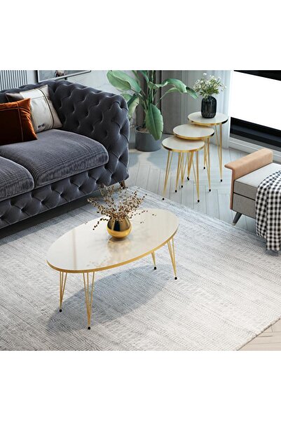 MRVHOMEE 4’lü Modern Gold Detaylı Metal Ayaklı Orta Sehpa & Zigon Sehpa Seti ...