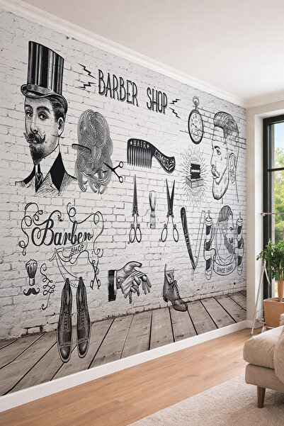 dreamwall Vintage Berber ve Erkek Kuaförü Temalı Tuğla Desenli Tek Parça Teks...