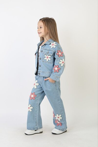 Moonch Girl's Daisy Embroidered Denim Jacket and Pants Set
