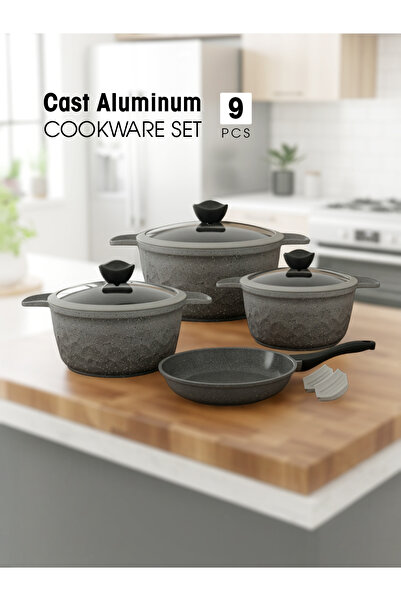 KOZE 9-Piece Cast Aluminum Cookware Set with Granite Coating, Non-Stick Cookw...