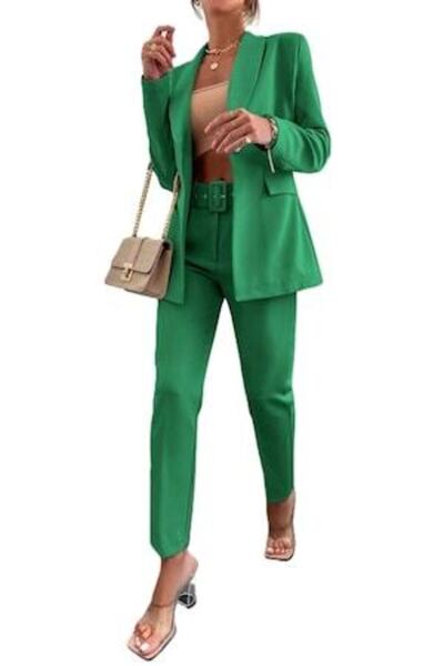 StreetWear Outlet Elegant Women's Suit with Blazer and Pants, Green, M