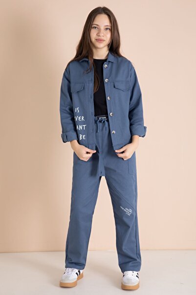 Cansın Mini Indigo Text Detailed Shirt and Girls' Gabardine Trousers Set 23567
