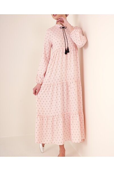 Modamorfo 1627 Collar Lace-up Hijab Dress - Powder
