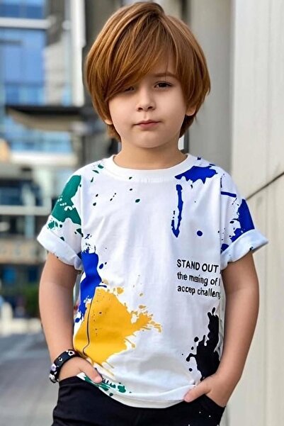 Riccotarz Erkek Çocuk Bisiklet Yaka Üzeri Renki Boya Desenli T-shirt Beli Lastikli Siyah Şortlu Takım