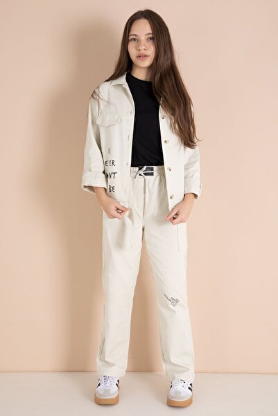 Cansın Mini Beige Textile Detailed Shirt and Girls' Gabardine Trousers Set 23565