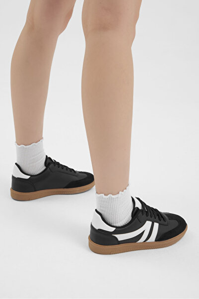 Tonny Black Women's Black and White Thermo Sole Side Striped Lace-Up Casual C...
