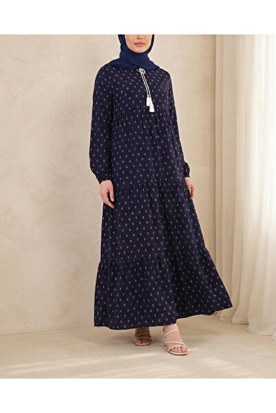 Modamorfo 1627 Collar Lace-Up Hijab Dress - Navy Blue