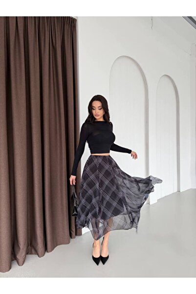 YEK&BİR Plaid Patterned Elastic Chiffon Skirt with Inner Lining