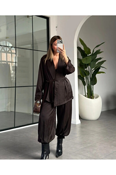 My Blog Bitter Brown Kimono Shalwar Double Satin Set - 51242