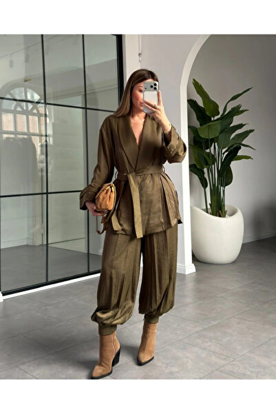 My Blog Khaki Kimono Shalwar Double Satin Set - 51242
