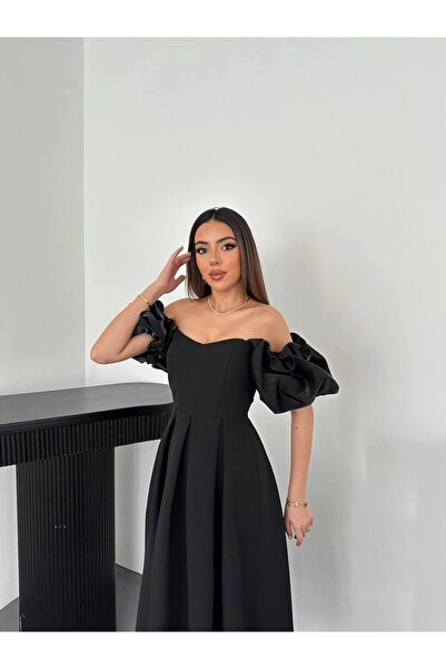 MUZY Kadın Siyah Kolları Balon Pileli Atlas Elbise