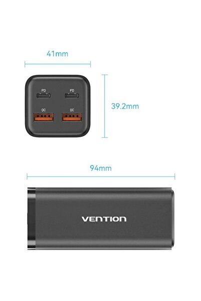 Vention Încărcător rapid FBSBG-EU 2x USB Tip-C, 2x USB GaN 100W Negru