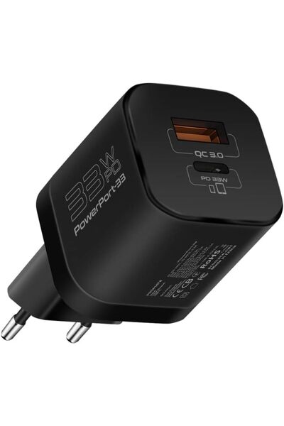 Promate 33W GaN USB-C Charger, PD Fast Charge + 22.5W QC 3.0, Compact Wall Ad...