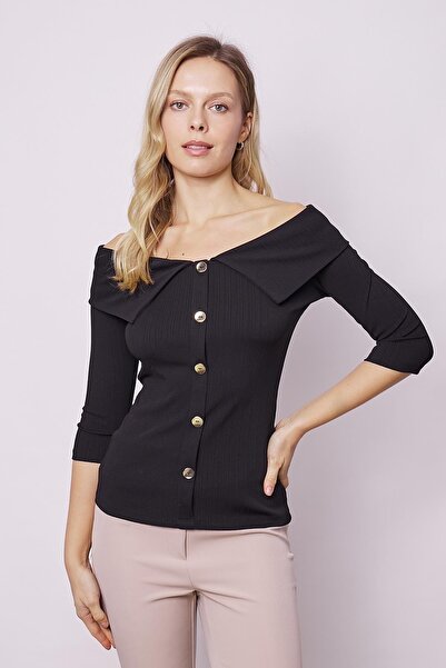 Jument Women's Ottoman Lycra Madonna Collar Button Detailed Blouse 20522 Black