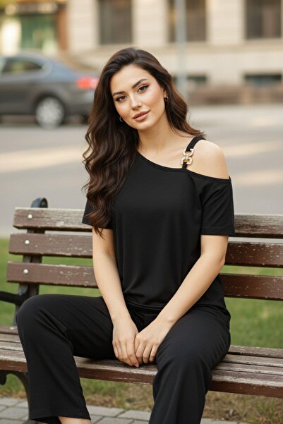 Mossta Shoulder-Cut Viscose Blouse with Buckle Detail - Black