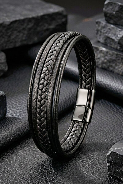 OSMANLI GÜMÜŞ Men's Leather Bracelet Black Multi Leather Cord Bracelet with M...