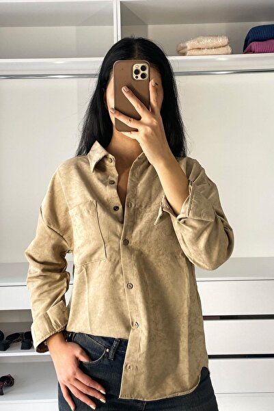 Crep Ahşap Düğmeli Süet Gömlek - Camel CAMEL