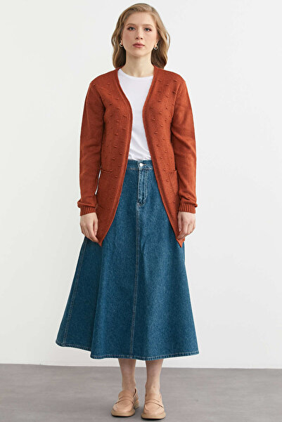 Sementa Knitted Detailed Pocketed Long Knitwear Cardigan - Tan