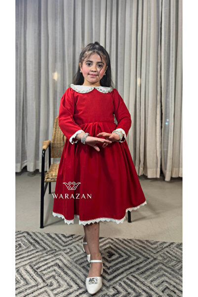 Warazan فستان بناتي بلون الاحمر والياقه البيضاء