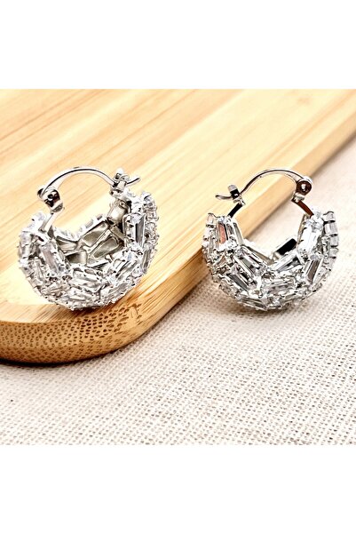 Siya Silver Special Series Baguette Zircon Stone Steel Hoop Earrings