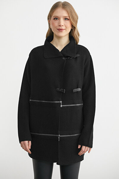 Sementa Zipper Detailed Belt Buckle Knitwear Jacket - Black