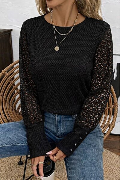 Turega Style Women's Long Sleeve Crew Neck Tulle Sleeve Waffle Blouse