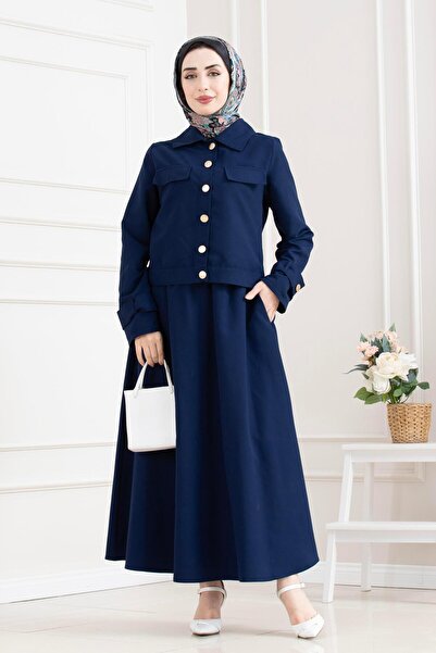 Sevitli Double Hijab Set with Sleeve Patches - Dark Blue