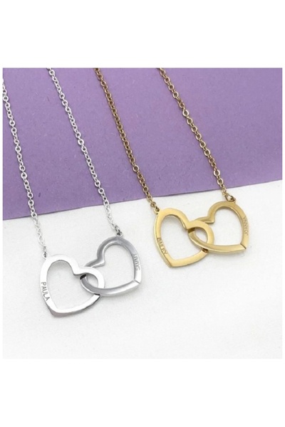 Gold Garden İsimli Çift Kalpli Kolye 18 Ayar Altın Kaplama / 925 Ayar Gümüş K...
