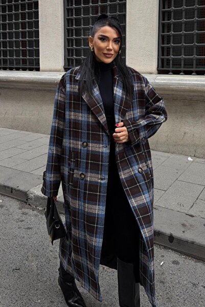 Lijuri Double Button Closure Plaid Patterned Cashmere Coat 7141