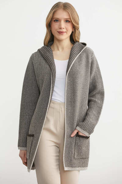 Sementa جاكيت صوف تريكو بجيوب وغطاء رأس - مينك - بني