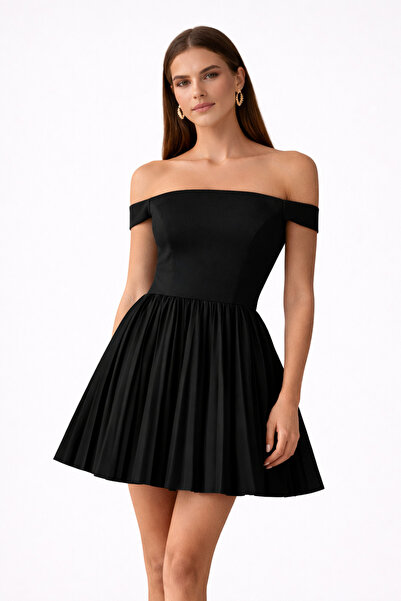 OLEAOFFICIAL Omuz Açık Piliseli Mini Davet Elbisesi - Yeni Sezon