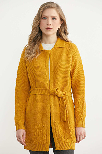 Sementa Polo Collar Belted Wool Knitwear Cardigan - Mustard