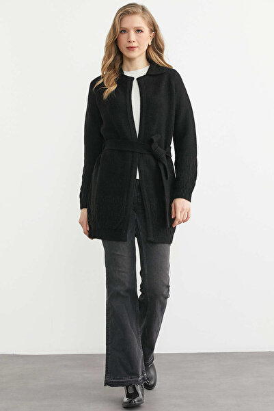 Sementa Polo Collar Belted Wool Knitwear Cardigan - Black
