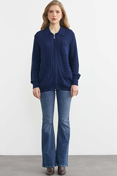 Sementa Поло с цип от памучен трикотаж - тъмно син