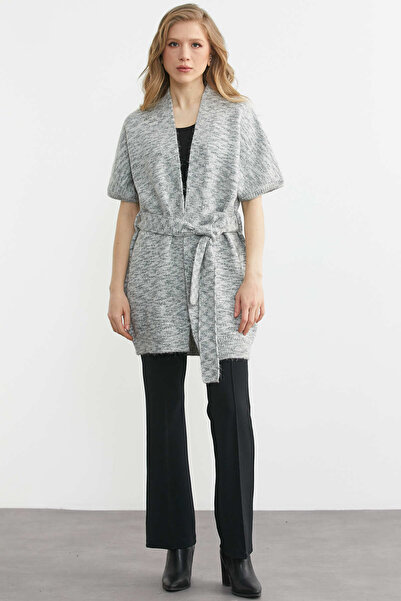 Sementa Comfortable Fit Bat Sleeve Belted Knitwear Vest - Light Gray