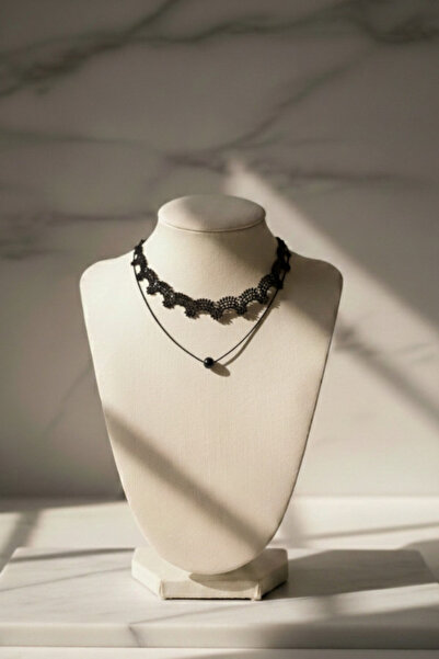 shop İkili Katmanlı Siyah Dantel Choker ve İnce Boncuklu Kolye - Gotik ve Mod...