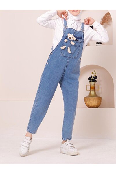 Hazal Askılı Yanları Düğmeli Kot Tulum Ayıcık Detaylı