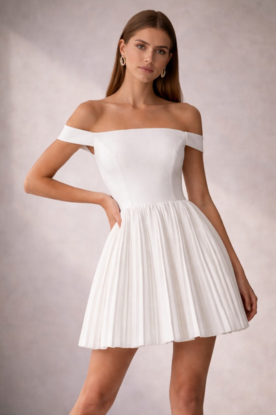 OLEAOFFICIAL Omuz Açık Piliseli Mini Davet Elbisesi - Yeni Sezon