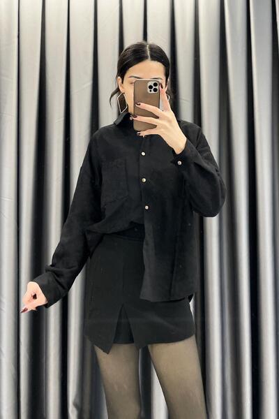 Crep Suede Shirt with Wooden Buttons - Black Black